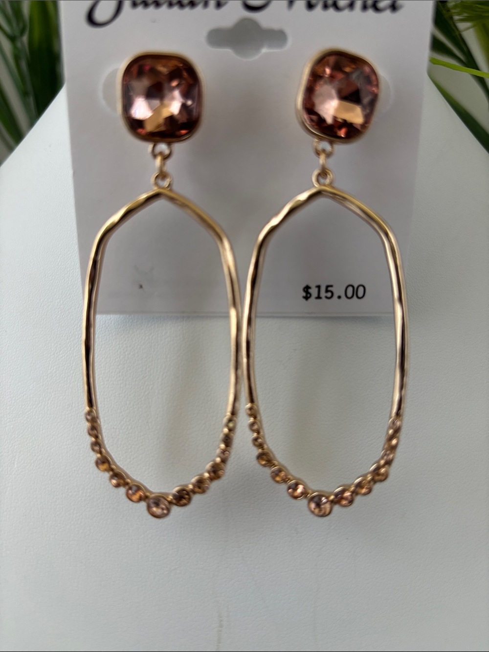 Jillian Michel Elongated irregular oval hoop faceted amber stone,rhinestones